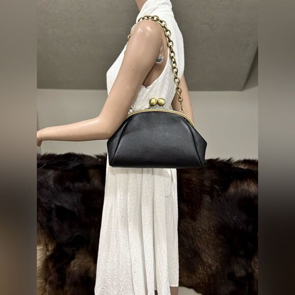 Black Togo Cowhide Leather Handmade Retro Style Kisslock Bag, Multi Use Style - Picture 4 of 16